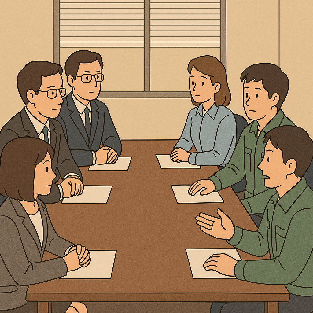 근로자 위원과 회사 위원이 앉아 진지하게 협의하는 모습