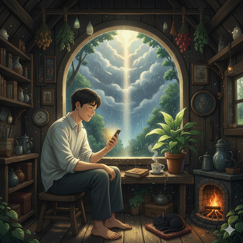 직장 내 괴롭힘을 겪는 사람이 희망을 찾는 지브리풍 그림