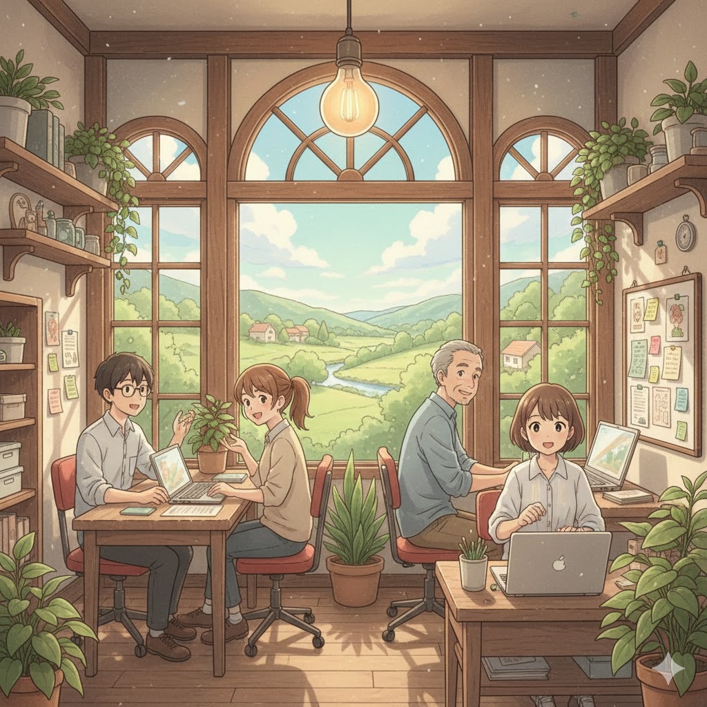 햇살 가득한 작은 5인 미만 사업장(사무실)에서 4명의 직원이 활기차게 소통하며 일하는 모습