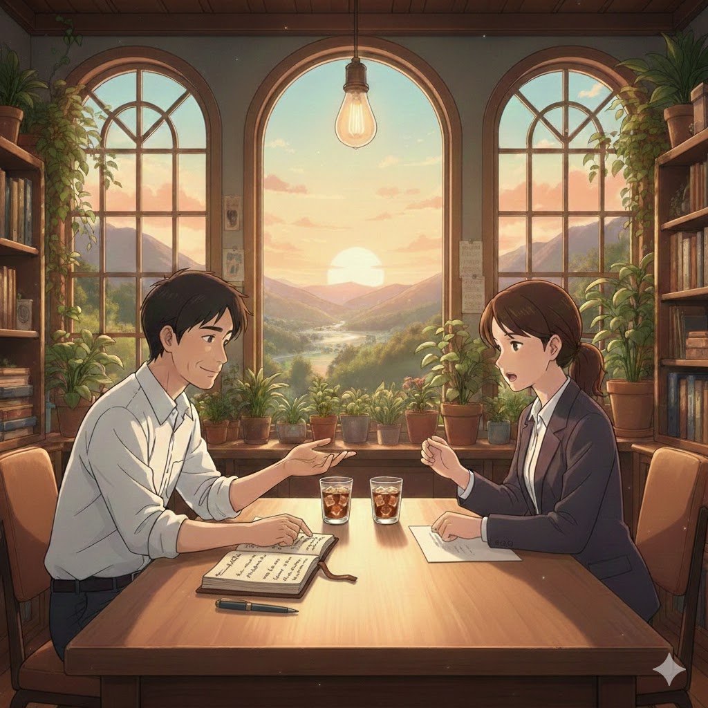 근로자가 노사협의회 위원중 1명인 인사담당 부서장에게 자신의 고충이나 고민을 상담하는 모습