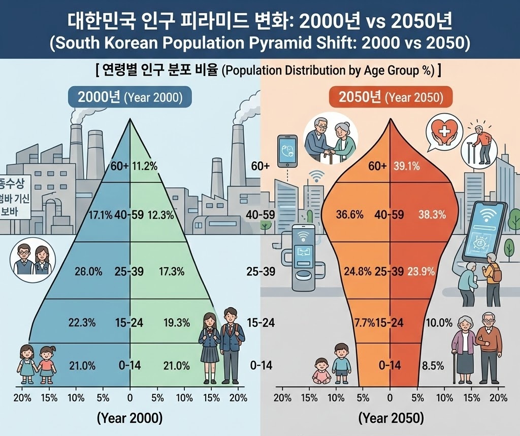 대한민국 인구 피라미드 변화
정년 연장의 필요성
왼쪽은 우리가 익숙한 '피라미드' 모양의 균형 잡힌 구조지만, 오른쪽 2050년은 '역피라미드' 혹은 '벌브' 형태로 바뀌어, 젊은 세대의 비중이 매우 낮고 고령층이 두터운 모습을 보여줍니다.